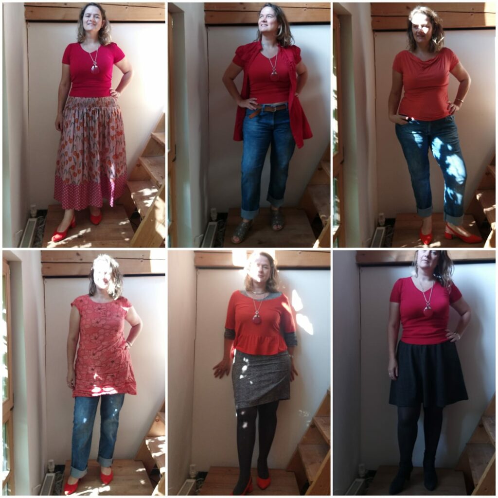 Frau in verschiedenen roten Outfits