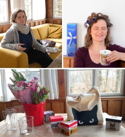 Bildcollage-Frau auf Sofa, die was isst, Frau mit Lockenwicklern, Utensilien wie Vasen, Blumen, Kartons mit Katzenmotiven